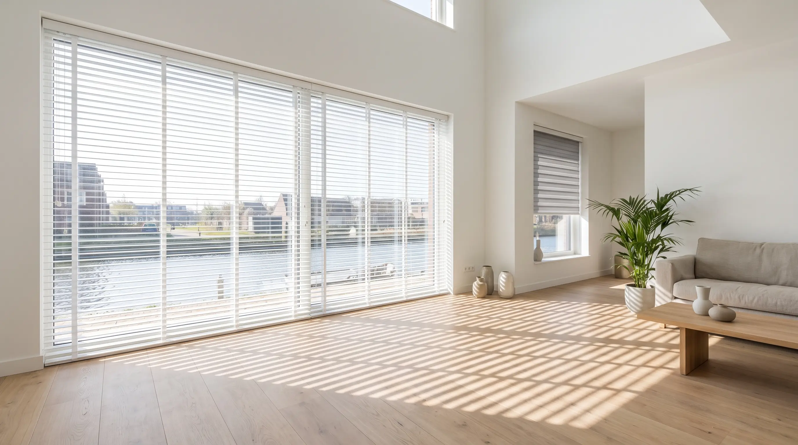 Woonkamer: Houten jaloezieën en duo-rolgordijn